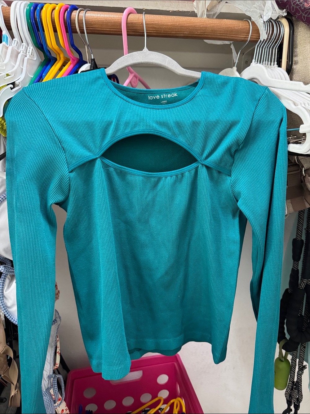 Love Streak Teal Long-Sleeve Cutout Ribbed Top